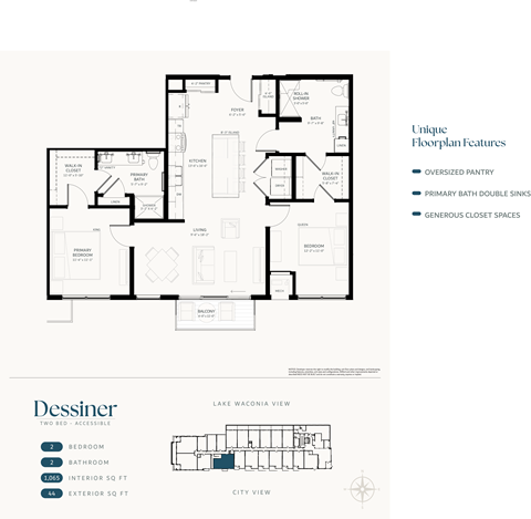 Floor plan for 2 beds, 2 baths, 1065 sqft